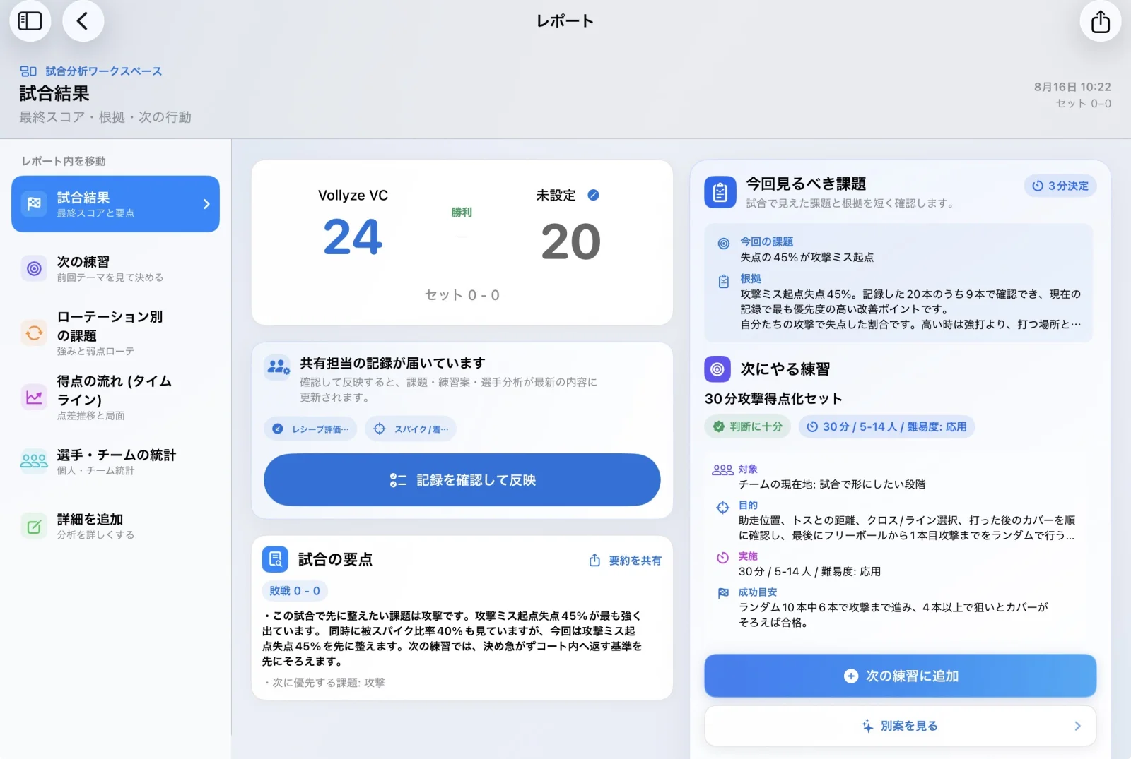 このレポート例では、20本の失点のうち9本が攻撃ミス。まず取り組む課題を、根拠と一緒に確認します。